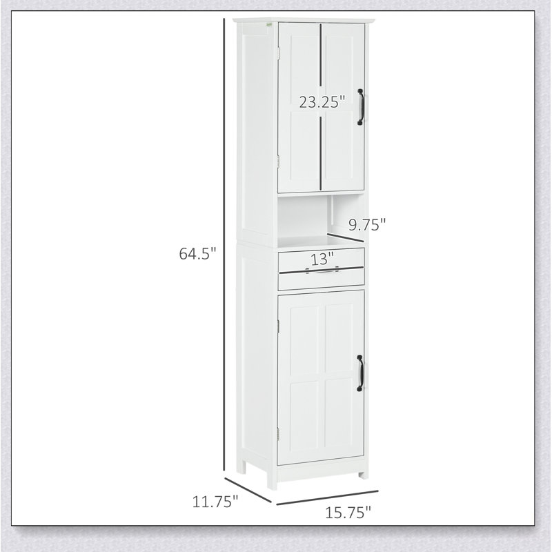 Armoire de rangement mince pour salle de bain avec tablette ouverte, tiroir et portes encastrées pour une organisation efficace et un gain de place