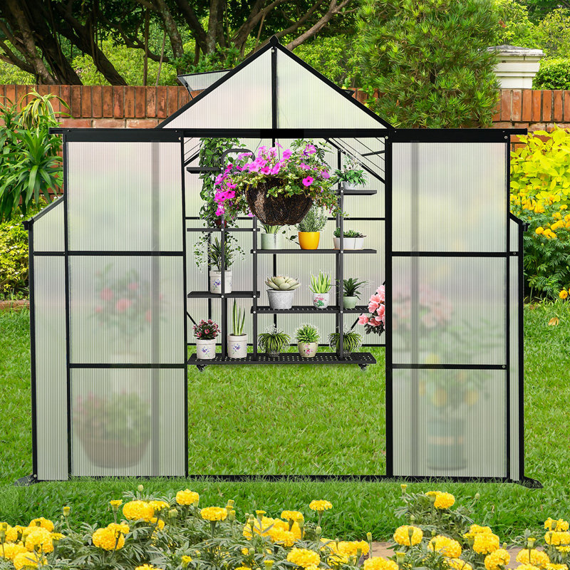 8X10ft Double Door Polycarbonate Greenhouse Raised Base And Anchor Aluminum Heavy Duty Walk-In Greenhouses, Black
