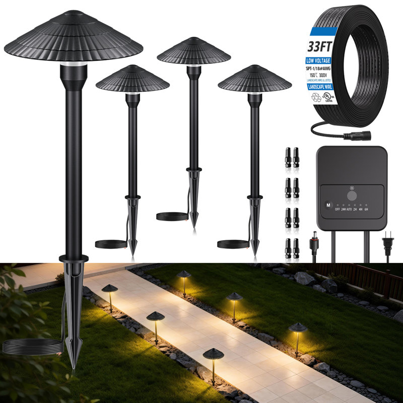 Low Voltage Metal Landscape Lighting Kit with Photocell Transformer, 3000K Warm White, IP66 Waterproof, Timer Modes, 5W LED Path Lights