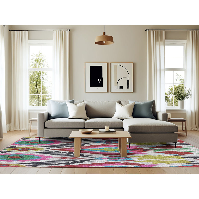 Tapis rose/bleu/vert à motifs, Rectangle 6 pi x 9 pi
