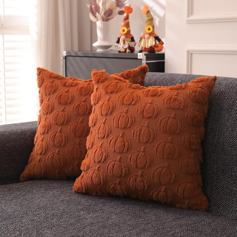 Housses de coussins d'automne 18 x 18 pouces, ensemble de 2 pour décorations d'automne Rouille d'automne Citrouille douce et moelleuse en fausse fourrure Coussins de coussin en laine pour canapé Salon Canapé-lit