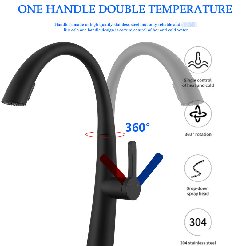 Stainless Steel Pull Out Kitchen Faucet, Matte Black, High Arch Spout, 1.5 Gpm Flow Rate, 27.56 Inch Hose Length Black Down High Flow, Soft Spray For Rinsing