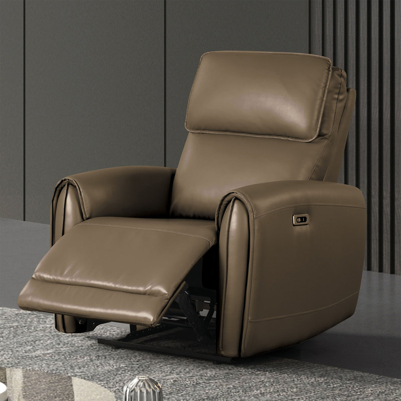 Contemporary Style Power Recliner USB Ports Contour Arms Flange Trim, Light Brown