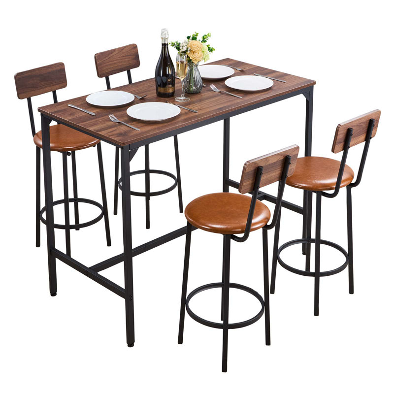 Bar Table, 5PCS 47″ Bars Tables Set, Bar Tables and Chair Set with Rounded Edge Design, Rectangular Pub Table with Four Stools for Living Room, Dining Room, Kitchen, Walnut Color, Black