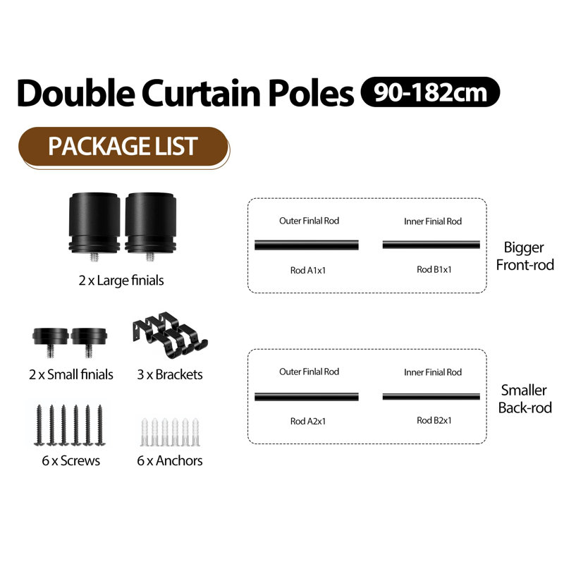 182cm Straight Shower Curtain Pole, Black