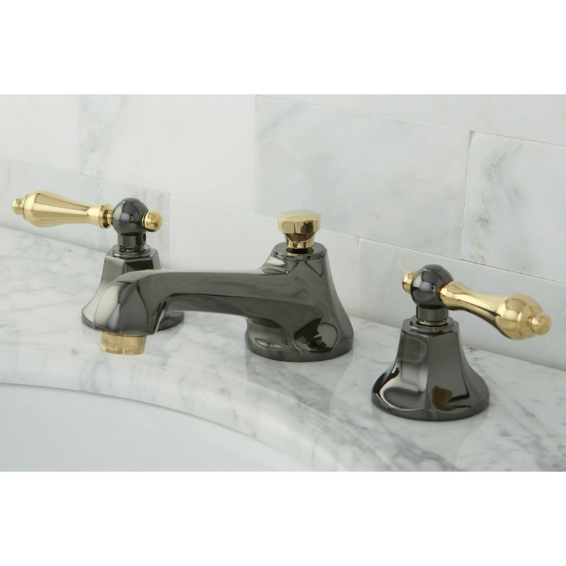 Kingston Brass Water Onyx Two-Handle 3-Hole Deck Mount Widespread Bathroom Faucet with Brass Pop-Up Drain