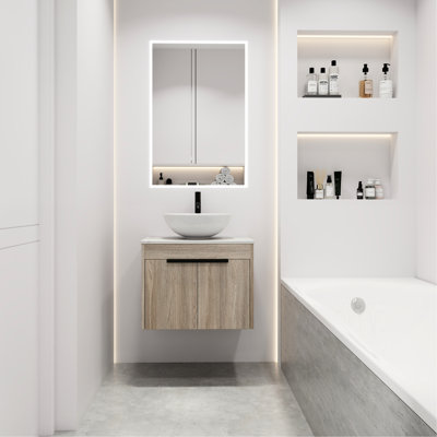 24" Bathroom Vanity With Ceramic Basin. Wall Mounted White Oak Style Soft Close Door And Sufficient Storage. Contemporary Vanity. Sink Generous Storage Space. Mounted.