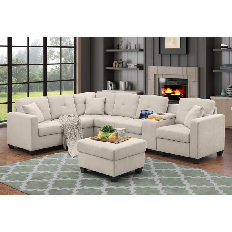 Takeesha Upholstered L-Shaped Sectional Reversible, Beige