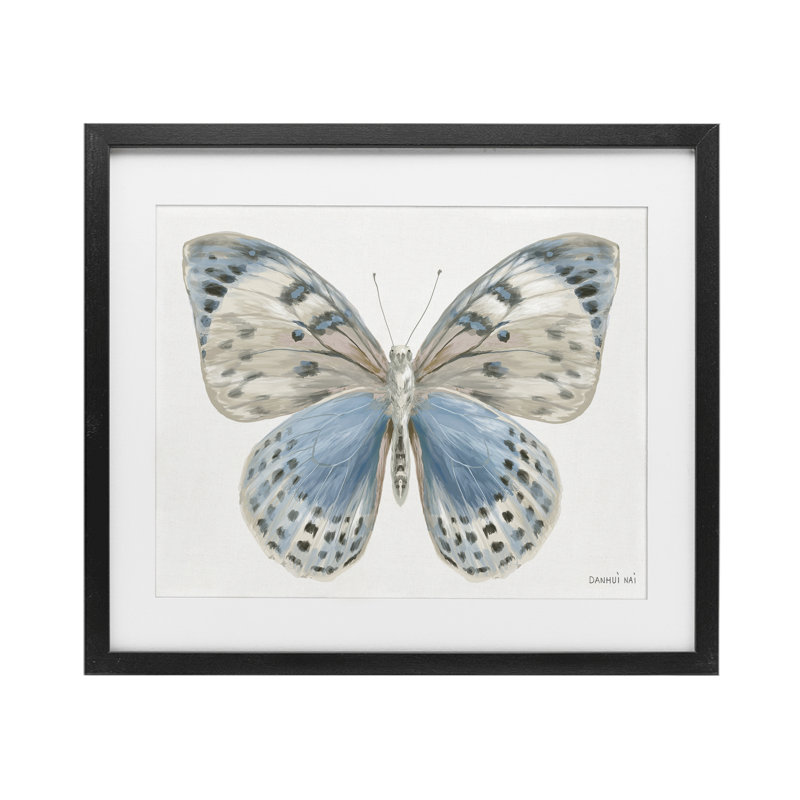 «Blue & White Butterfly», reproduction sous verre encadrée, par Danhui Nai, H 13 po x l 16 po, Cadre noir minuit
