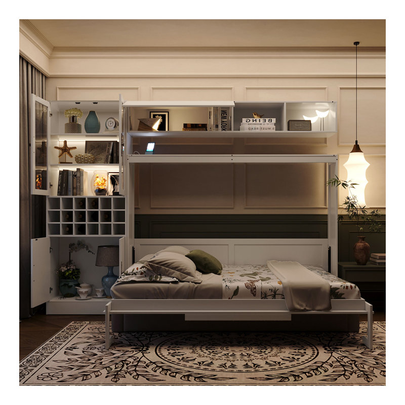 Lit escamotable double pleine grandeur avec canapé, tablettes USB et lumière, blanc, Blanc