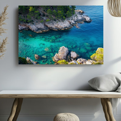 Toile, vue aérienne époustouflante de falaises escarpées, rencontre d'un art mural serein, turquoise turquoise, mettant en valeur l'art complexe sur toile