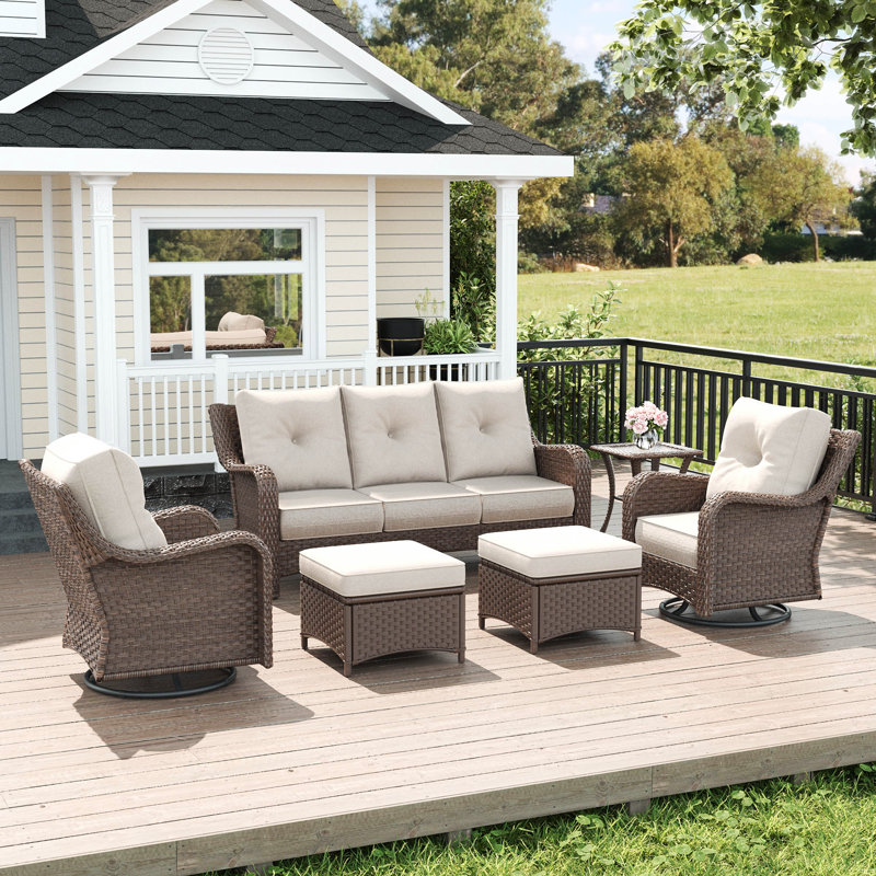  6 Piece Wicker Outdoor Furniture Set with 6-inch Comfy Cushions, High Back Patio Furniture Set with Swivel Rocking Chairs and Side Table