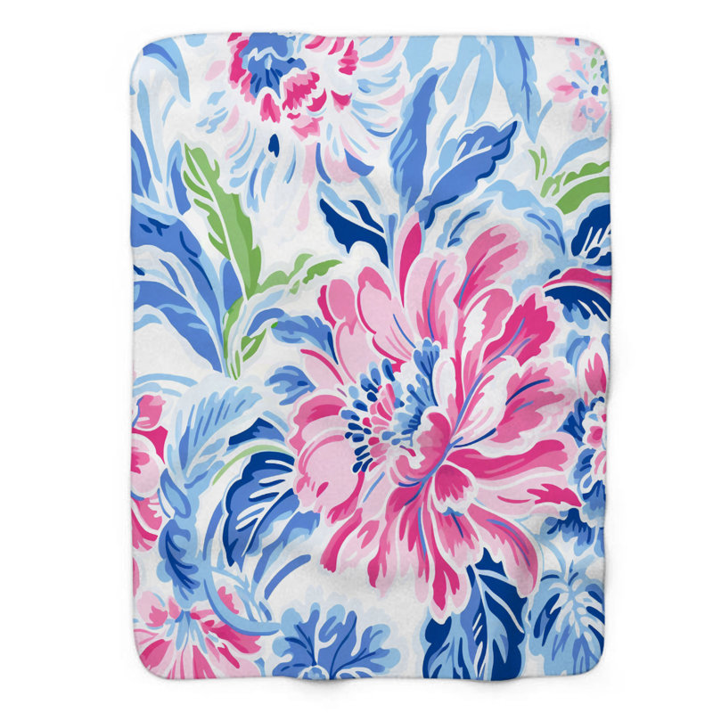 Motif de balise maritime - 1 pièce Sherpa Premium, L 60 po x L 80 po, Art floral rose et bleu élégant