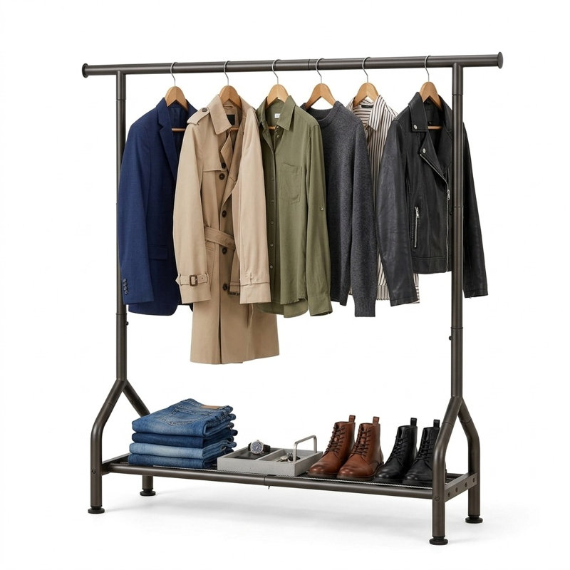 Support à vêtements autoportant en métal robuste avec tablette et pieds réglables, Noir
