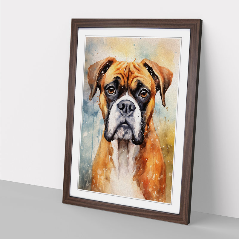 Boxer Dog Impressionism - Single Picture Frame Print on Wood, 34cm H x 25cm W x 2cm D, Walnut