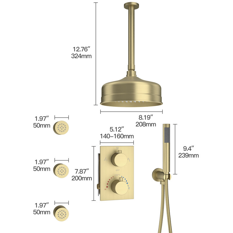 Système de douche thermostatique complet avec 3 jets de corps et jet manuel, Or brossé