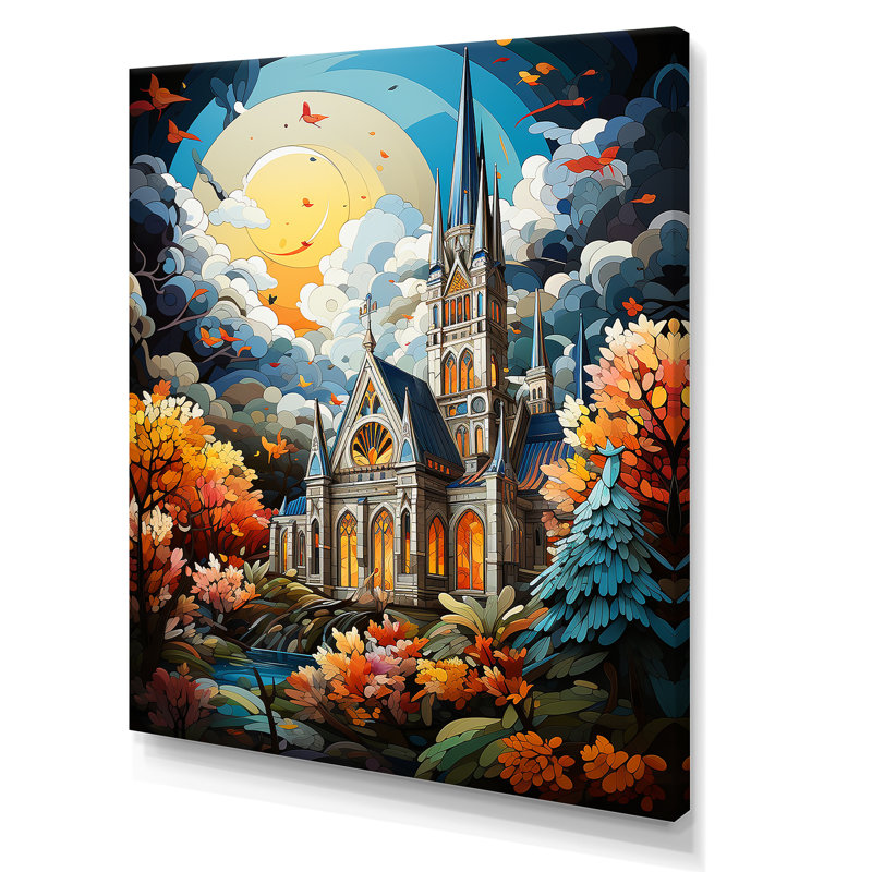 Pop Art Curch At Moon Landscape I - Église, art mural, H 20 po x l 12 po x P 1 po, Toile tendue