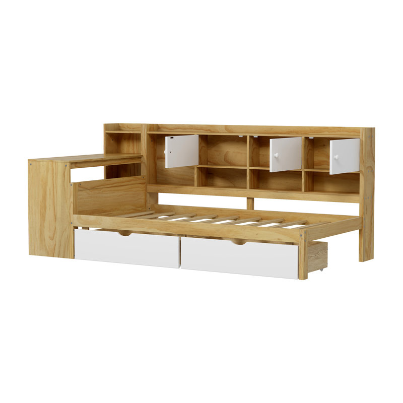 Wooden L-Shape Daybed With Seven Storage Cabinets And Two Storage Drawers, Multi-Functional Bed With Study Desk And Built-In Bookshelf