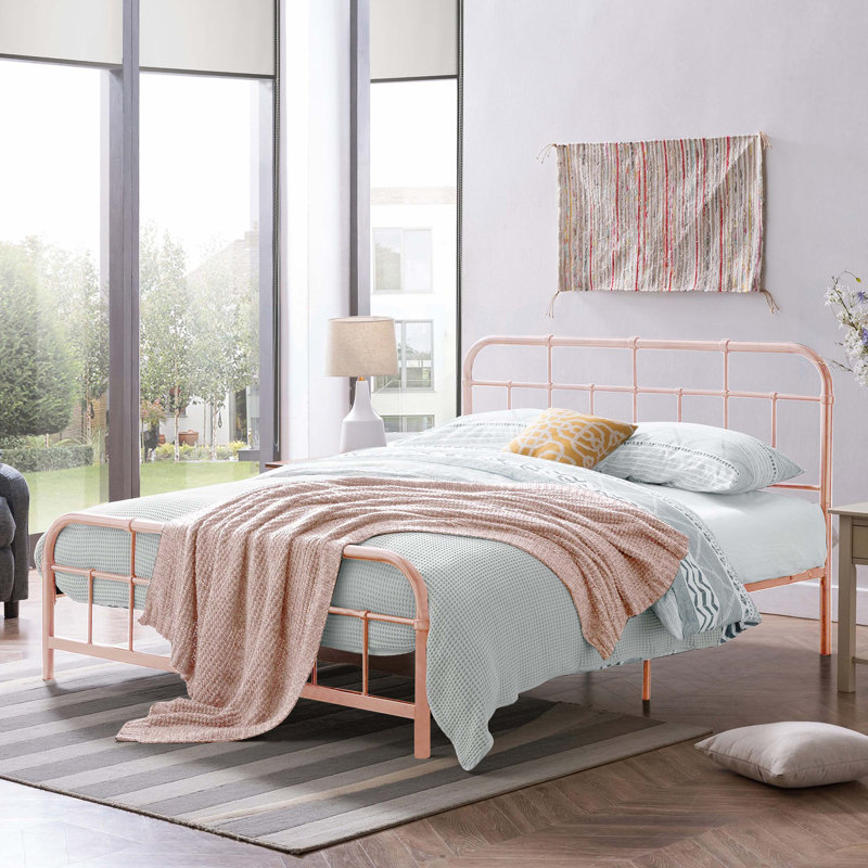 Lit double en métal avec tête de lit et pied de lit arrondis pour une chambre confortable et élégante, Double, Rose