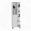 Armoire de salle de bain H 63 po en lin avec sept tablettes ouvertes, un tiroir et quatre pieds Mott, blanc