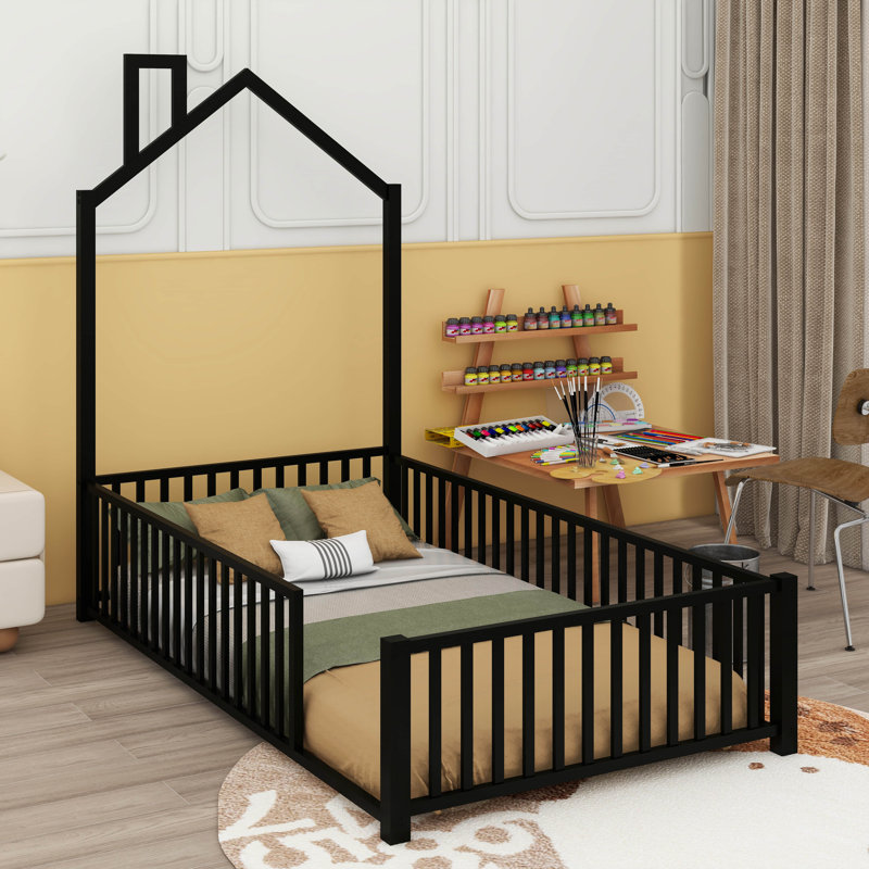 Metal House Platform Bed With Guardrail, Twin, Black