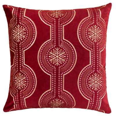Rola Square Throw Pillow, Geometric Snowflake Embroidery, Red Velvet 20 Inch