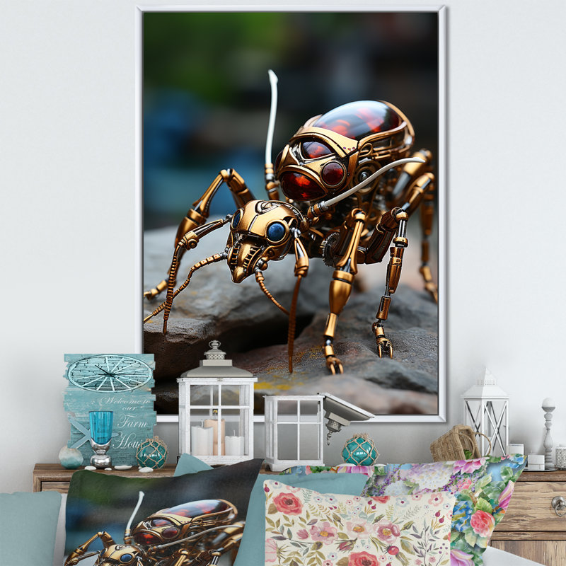 Travailleur métallique, fourmi bronze sur toile, Cadre flottant blanc, H 20 po x l 12 po x P 1 po