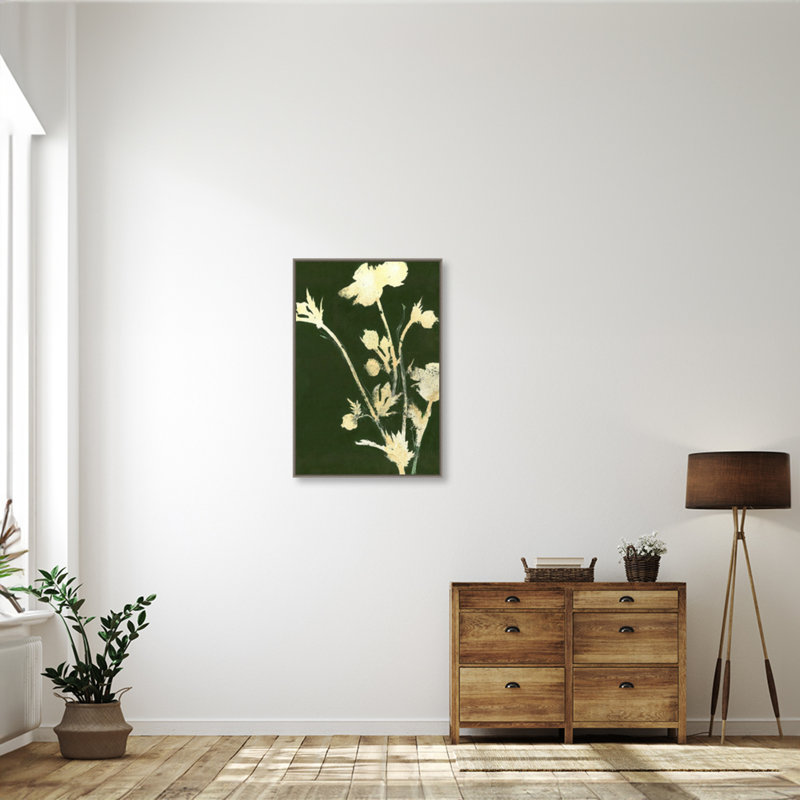 Ghostly White Floral Print on Dark Green Canvas with Frame