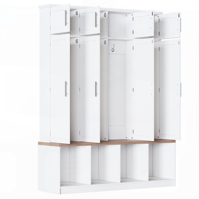 Farmhouse Hall Tree with 4 Hidden Hooks, Versatile Seating Bench, and 8-Door Shoe Cabinet for Entryway Organization