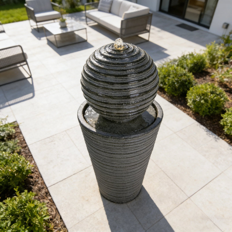 31.5"H Tall Striped Concrete Round Column Fountain,LED Outdoor Oasis