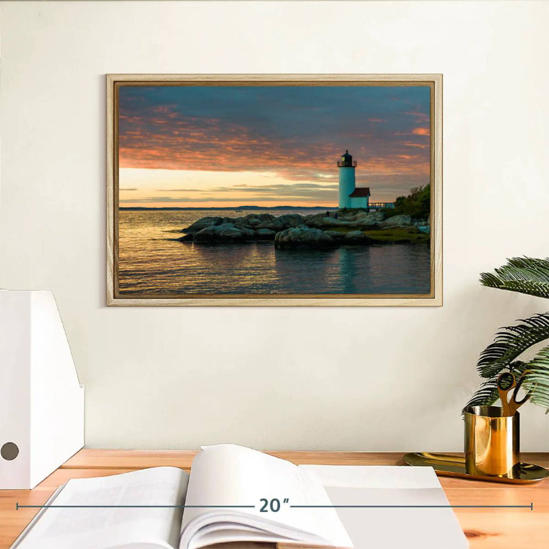 Coucher de soleil sur le phare d'Annisquam, Cadre flottant en bois naturel, 13 po x 9 po