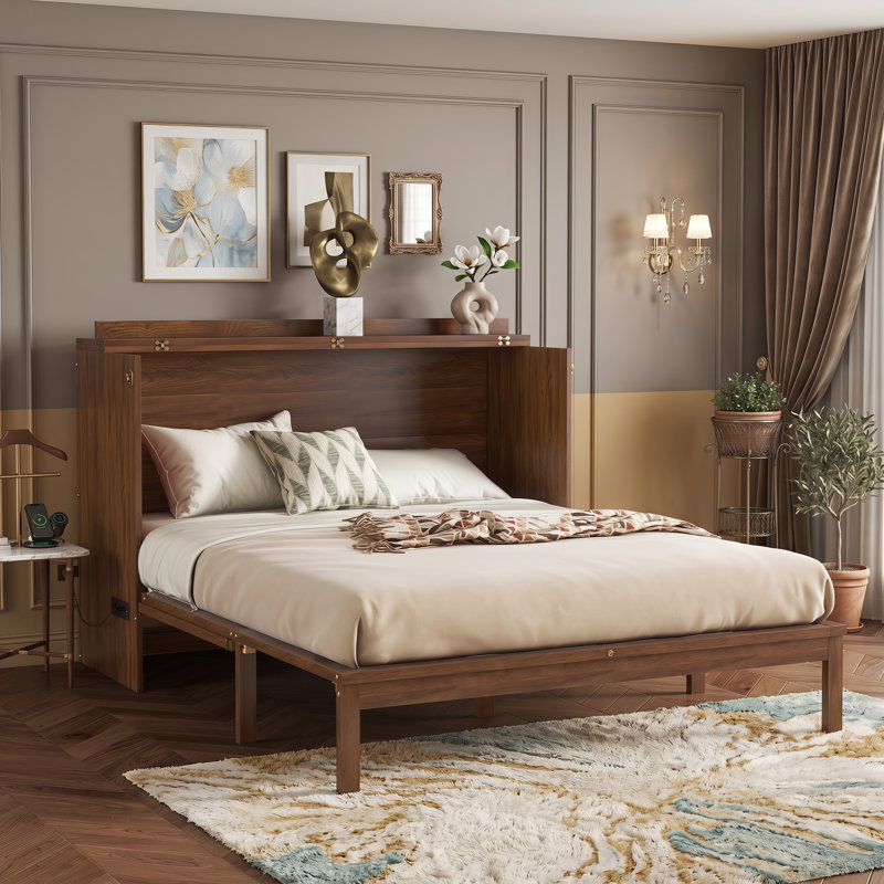 Lit escamotable grand format mural, armoire-lit en pin massif avec prise de courant et panneaux décoratifs en rotin, Noyer