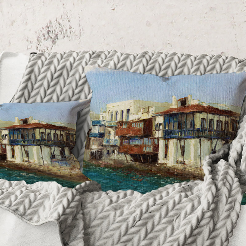 Carré, vieilles maisons sur l'île de Mykonos, Grèce - Coussin décoratif imprimé nautique et côtier, 16" x 16"