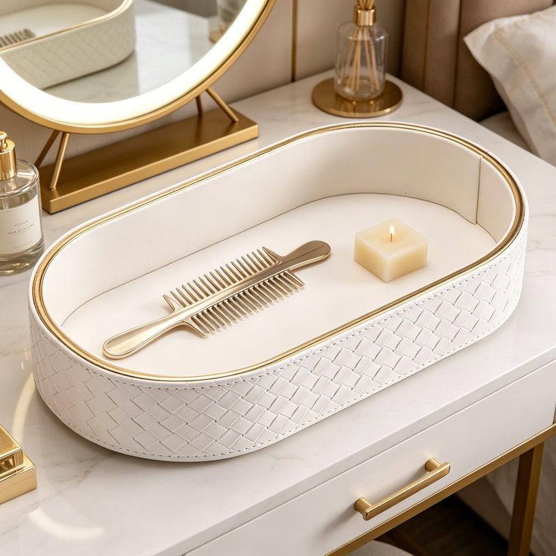 Leather Decorative Tray For Keys And Essentials - Entryway, Nightstand, And Vanity Organizer With Gold Accent Trim
