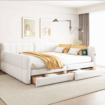 Queen Size Upholstered Platform Bed With Usb And 2 Drawers
