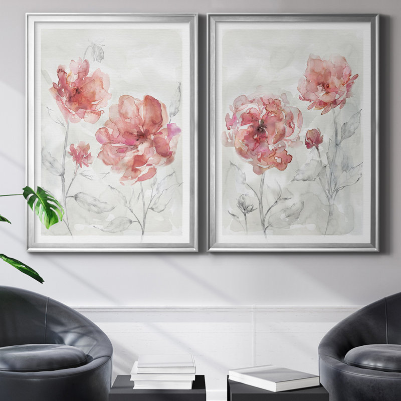 «Blush Botanical I», ensemble de 2 reproductions d'art, H 26,5 po x l 73 po x P 3 po, Toile encadrée argentée, Pas de tapis