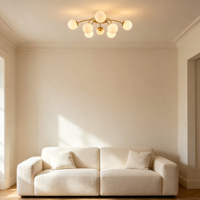 Modern Sputnik Chandelier - 8-Light Gold Semi-Flush Mount Ceiling Light With Glass Shade