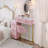 Velvet Upholstered Vanity Desk (Makeup Vanity) With Vanity Chair, Makeup Vanity  With 5 Big Drawers, Makeup Table With Padded Chair, Marble-Look Sticker Top Dressing Table (Makeup Vanity) With Left/Right Adjustable Storage, Pink-1435085575