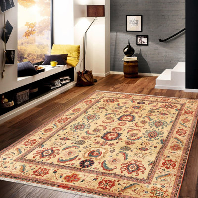 Tapis oriental rouge / jaune / vert en coton noué à la main 8 pi 11 po x 11 pi 9 po Eiler