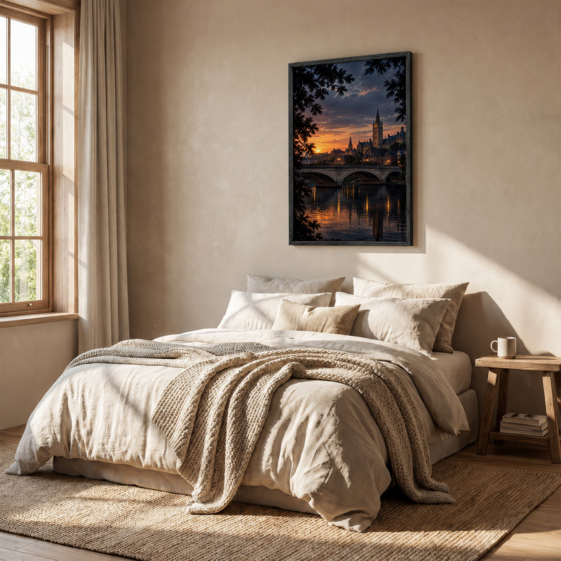Pont de pierre et flèches gothiques sur la rivière au coucher du soleil - Tableau sur toile, 36"H x 24"W