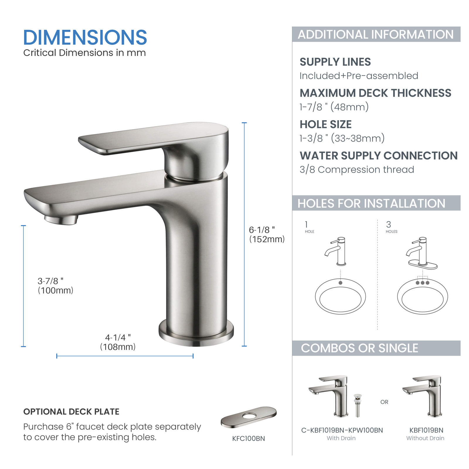Tender Single-Hole Bathroom Faucet with Drain, Brushed Nickel