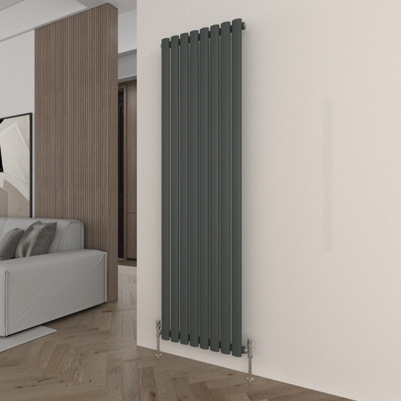 Vertical Oval Column Radiator, Single, 160cm H x 47.2cm W x 5.6cm D, Grey