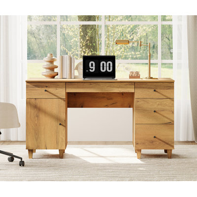58" Executive Desk With 4 Drawers And 1 Door, Modern Farmhouse Home Office Computer Table With Charging Station, Keyboard Tray by Ophelia & Co.