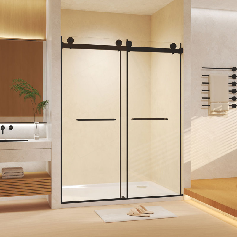 Frameless Double Sliding  Shower Door 56-60 "W X 74" H, 5/16 "(8Mm) Tempered Glass, Explosion Proof Film, Stainless Steel Handle, Square Tube Track,