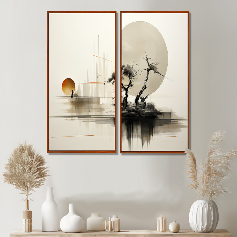 «Gorski Asian Art Sumie Zen I - Yellow Global», art mural, H 32 po x l 32 po, Impression encadrée flottante, Brun