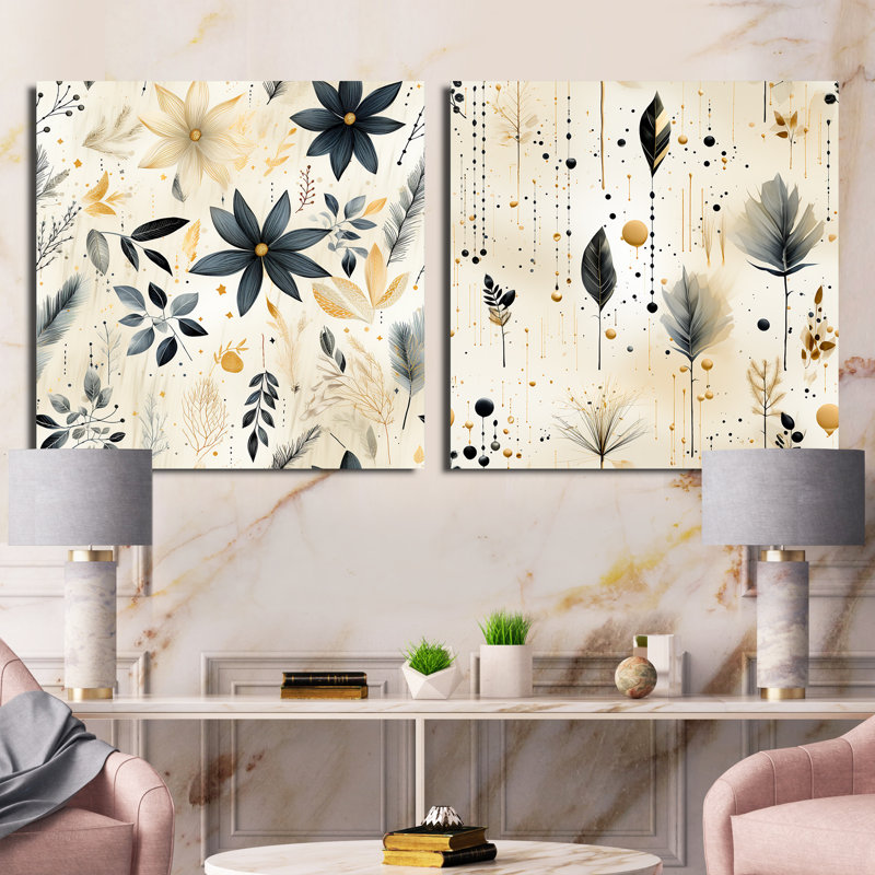 Clarkesville - Ensemble de 2 collages carrés botaniques abstraits, H 16 po x l 33 po, Toile tendue