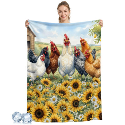 Cooling Blanket for Hot Sleepers,Farmhouse Animals Chickens Lightweight Cool Throws Silky Soft Ice Blankets,Watercolor Sunflowers Breathable Summer Blanket for Night Sweats, 50 x 60 in