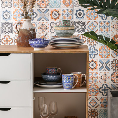16-Piece Multicolor Bohemian Decal Dinnerware Set for 4, Includes Dinner Plates, Dessert Plates, Cereal Bowls & Mugs