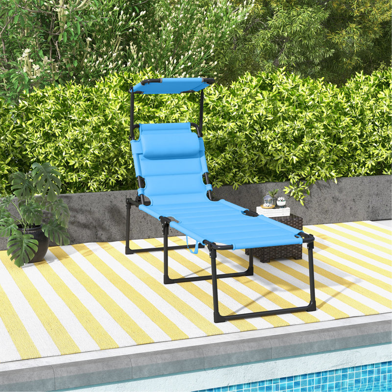 Chaise longue d'extérieur, chaise longue pliante à dossier réglable, chaise de bronzage coussinée avec toit pare-soleil et repose-tête pour plage, camping, randonnée, bleu clair
