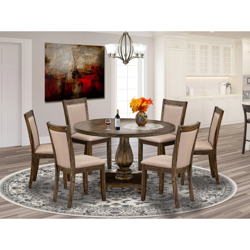 7 Piece Modern Dining Table Set Consist of a Round Wooden Table with Pedestal and 6 Dark Khaki Linen Fabric Upholstered Chairs, Distressed Jacobean